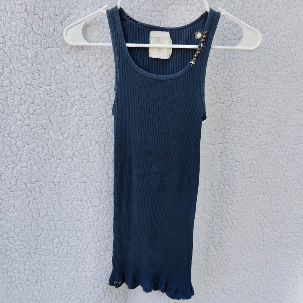 Free People Distressed Blue Tank Top with Gold Decals